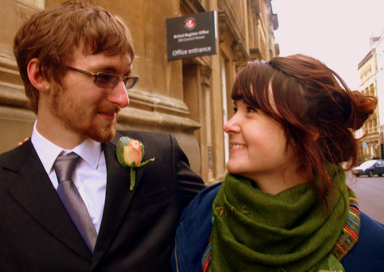 Ian Goggin and Kristin Skarsholt share a moment on the day that they tried to register a civil partnership
