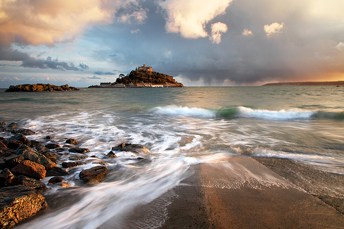 A sea tide in Cornwall at sunset