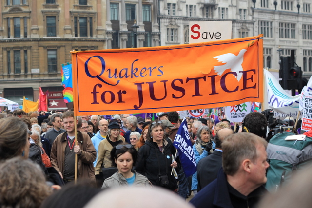 Quakers on the march under the Quakers for Justice banner