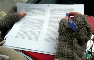 A book being marked by a reader on the bus, wearing woolly gloves