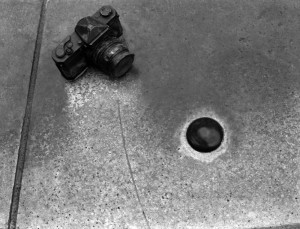 A camera on the floor pointed at a circle. Photo: Heather Martin
