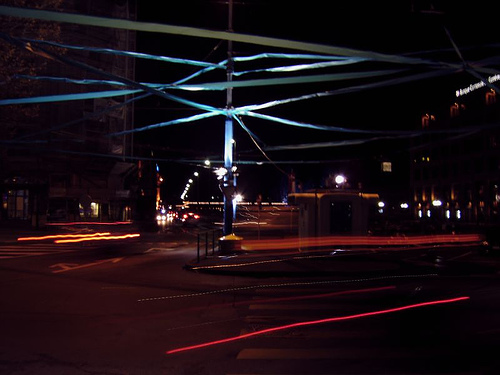 A street scene in Geneva where an artist has made a physical light experiment