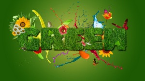 The letters of the word 'Green' looking like a hedge among a riot of colour