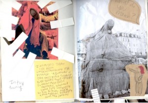 An extract from Jay's journal, with pasted images and a post it note. 